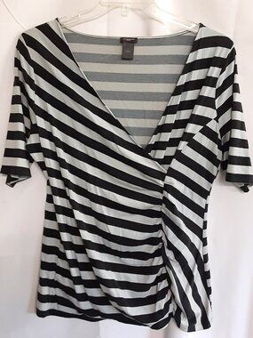 Ann Taylor Blouse Size XL Pullover Ruched Front Short Sleeve 95% Cotton Striped